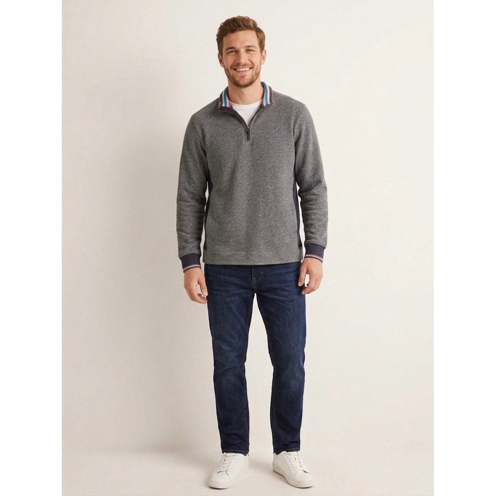 Boden Mens XL Gray Marl Quarter Zip Pullover Sweatshirt Navy Side Panels Striped